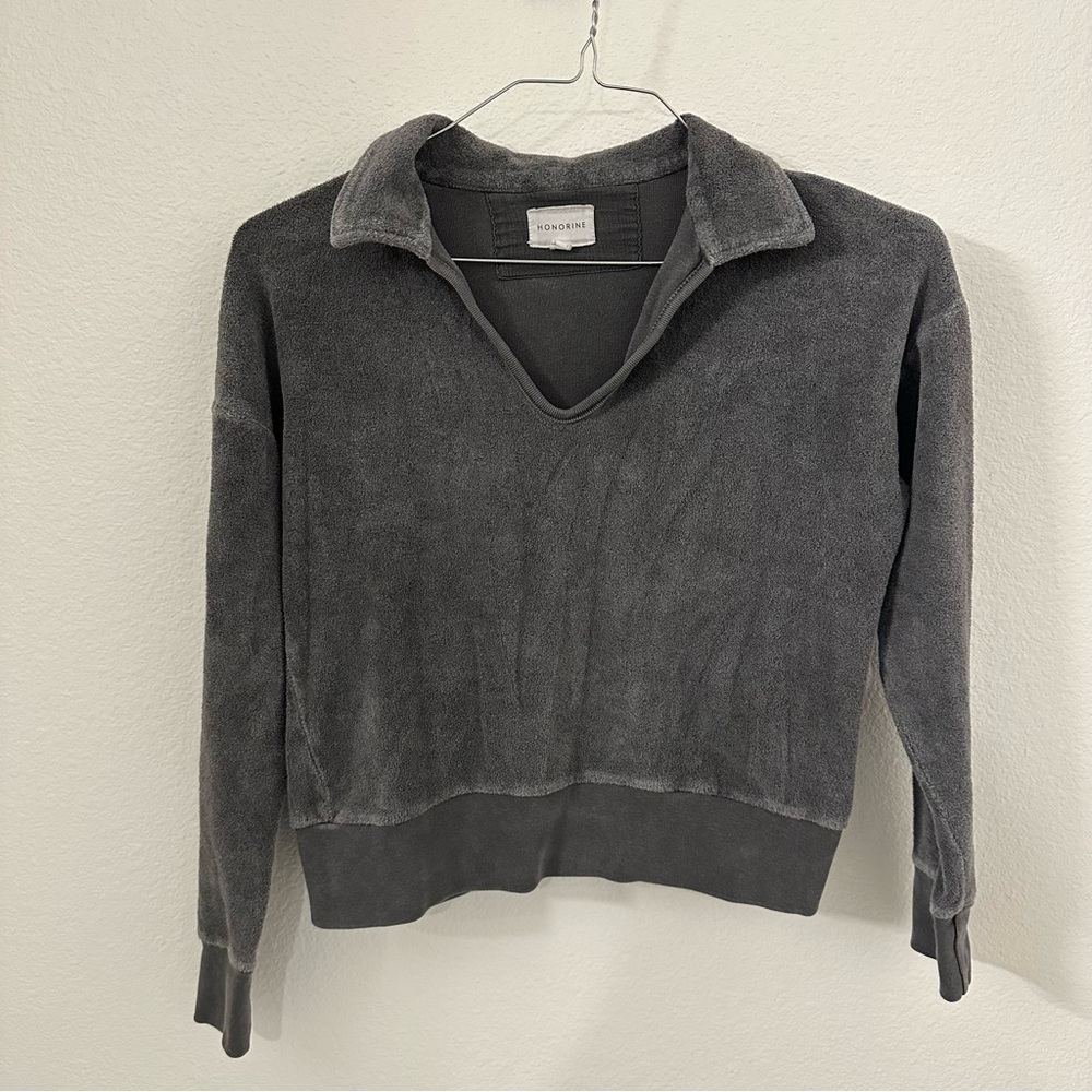 Honorine Hunter Polo Sweatshirt women’s size XS cropped grey Sherpa fleece top - Picture 2 of 6